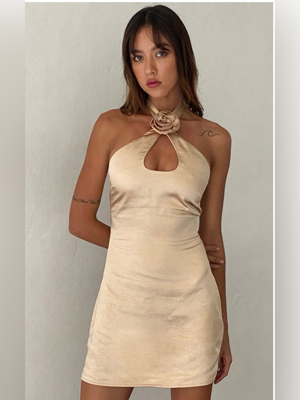 Satin Halterneck Mini Dress In Champagne With Rosette